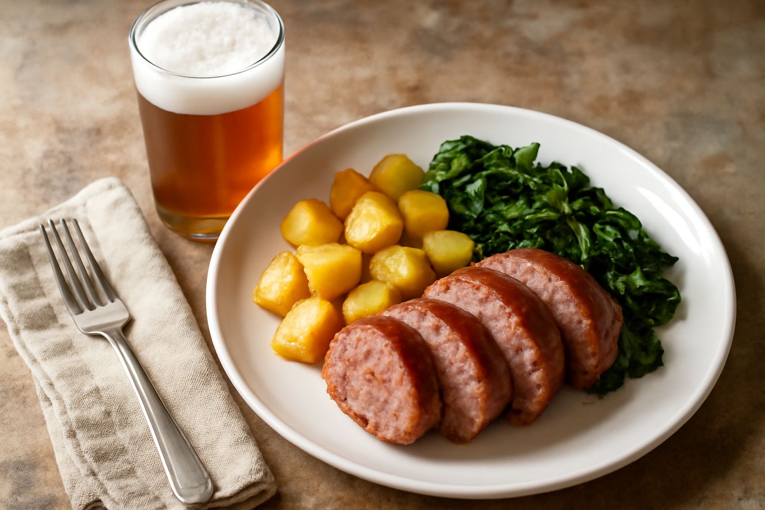 Bicchiere di birra trentina dal colore dorato ambrato con schiuma compatta, servito accanto a piatti di salumi e formaggi trentini su tavolo di legno