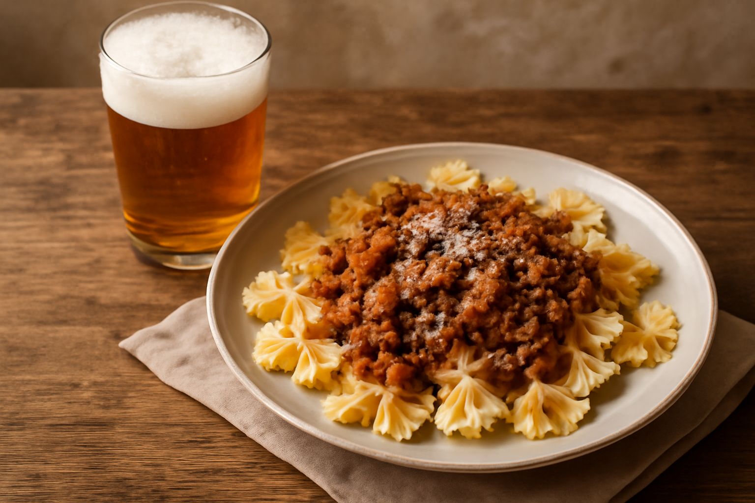 Birra veneta di colore dorato ambrato in un bicchiere da birra trasparente, schiuma bianca e cremosa in superficie, posta su un tavolo di legno naturale con spighe di orzo e fiori di luppolo accanto