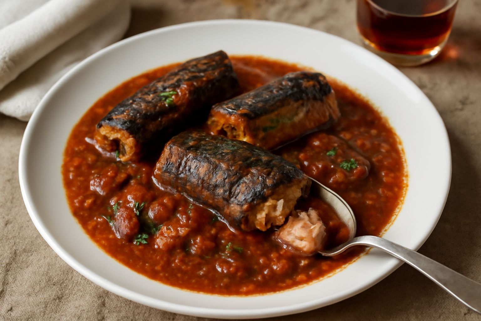 Anguilla stufata in umido dentro una pentola di terracotta marrone, circondata da pomodori rossi, cipolla bianca e prezzemolo fresco verde, con brodo denso e scuro di cottura