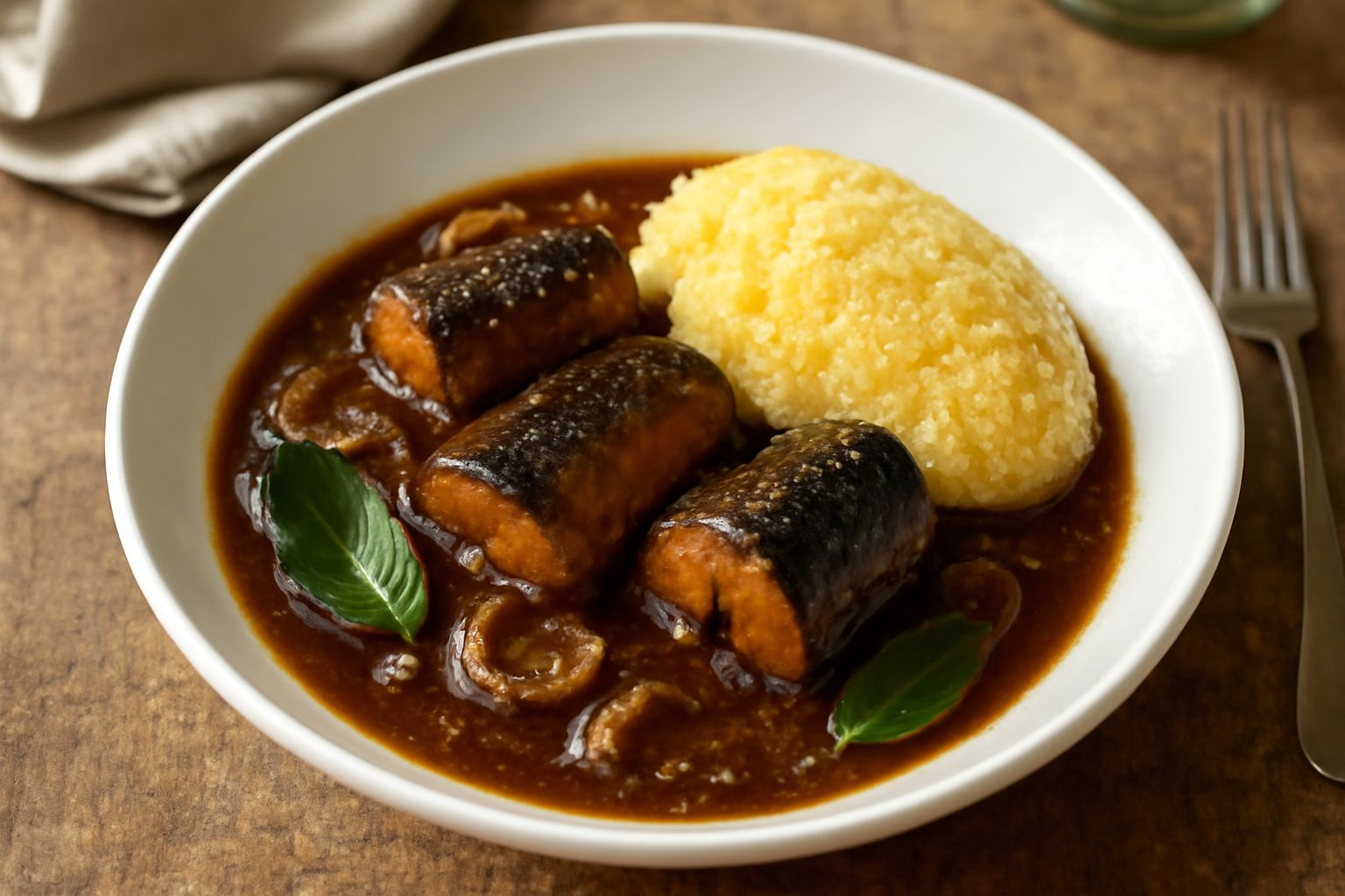 Anguilla stufata in piatto fondo di ceramica bianca, carne ambrata e tenera, coperta da sugo scuro con alloro fresco, scalogno caramellato ai bordi, contorno di polenta gialla fumante