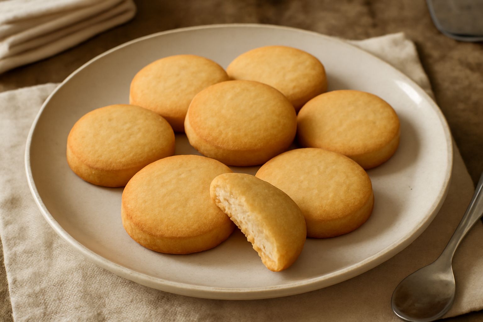 Una dozzina di biscotti tondi e dorati disposti su un piatto bianco, con superfici uniformemente croccanti e leggermente umide al centro, accanto a una tazza di tè