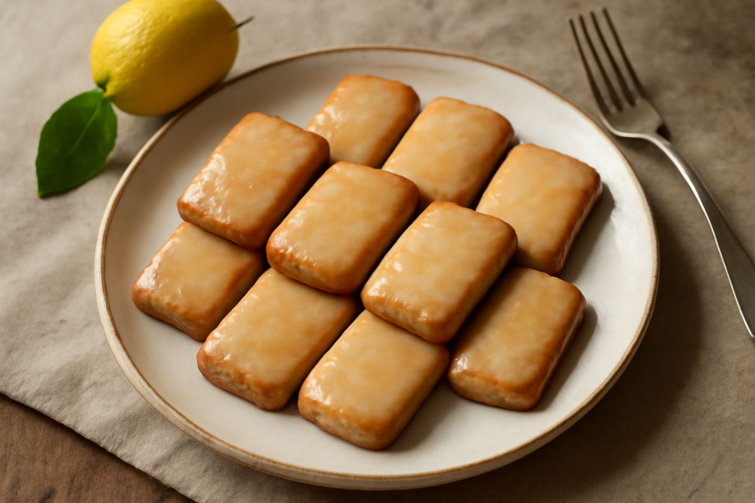 Biscotti rettangolari dorati disposti in fila su una superficie bianca, ricoperti da glassa al limone lucente, con granelli di zucchero che brillano. Accanto una metà di limone fresco e una scorza d'a