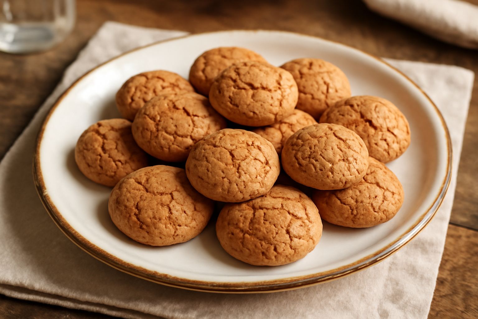 Biscotti agli amaretti dorati e croccanti disposti su un piatto di ceramica bianca, con superficie screpolata e leggermente ricurva, accanto a qualche mandorla intera sgusciata