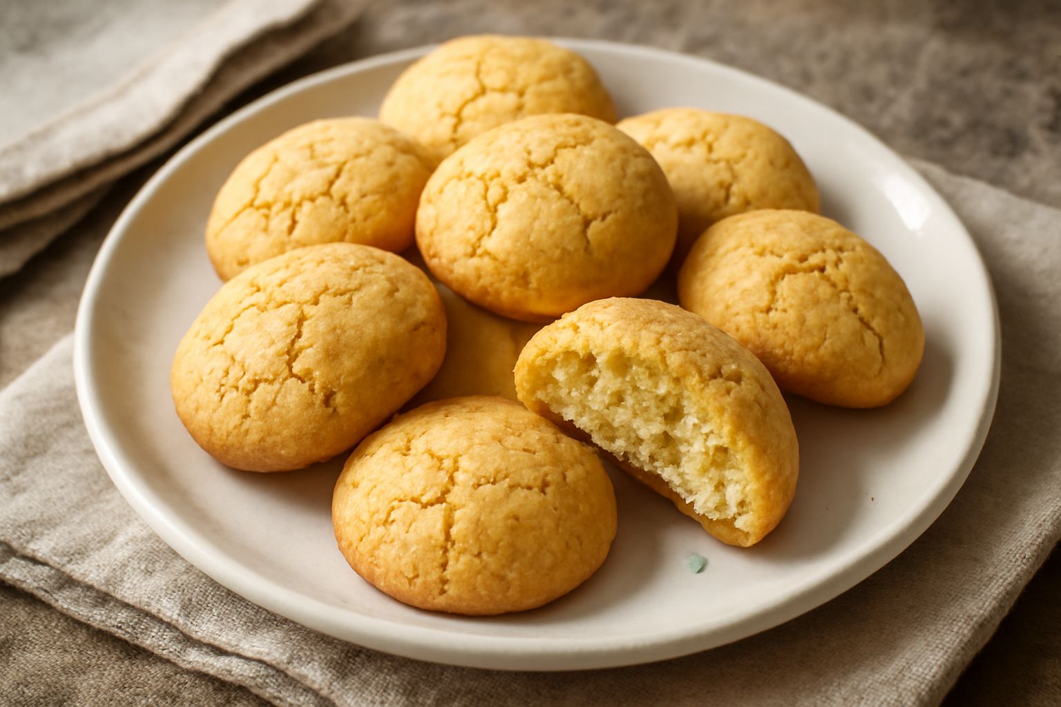 Biscotti agli amaretti di colore dorato e lievemente crepati, disposti in pila su un piatto bianco, con sfondo di sfumatura chiara e qualche mandorla sgusciata accanto