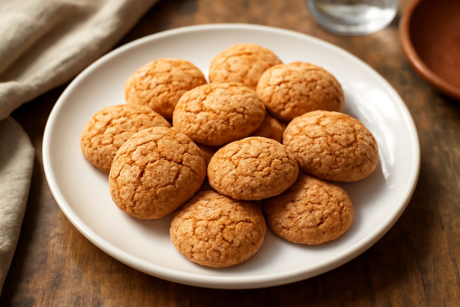 Biscotti dorati e croccanti agli amaretti disposti su una carta bianca, colore marrone chiaro, forma tonda leggermente appiattita, superficie irregolare, nessuna decorazione