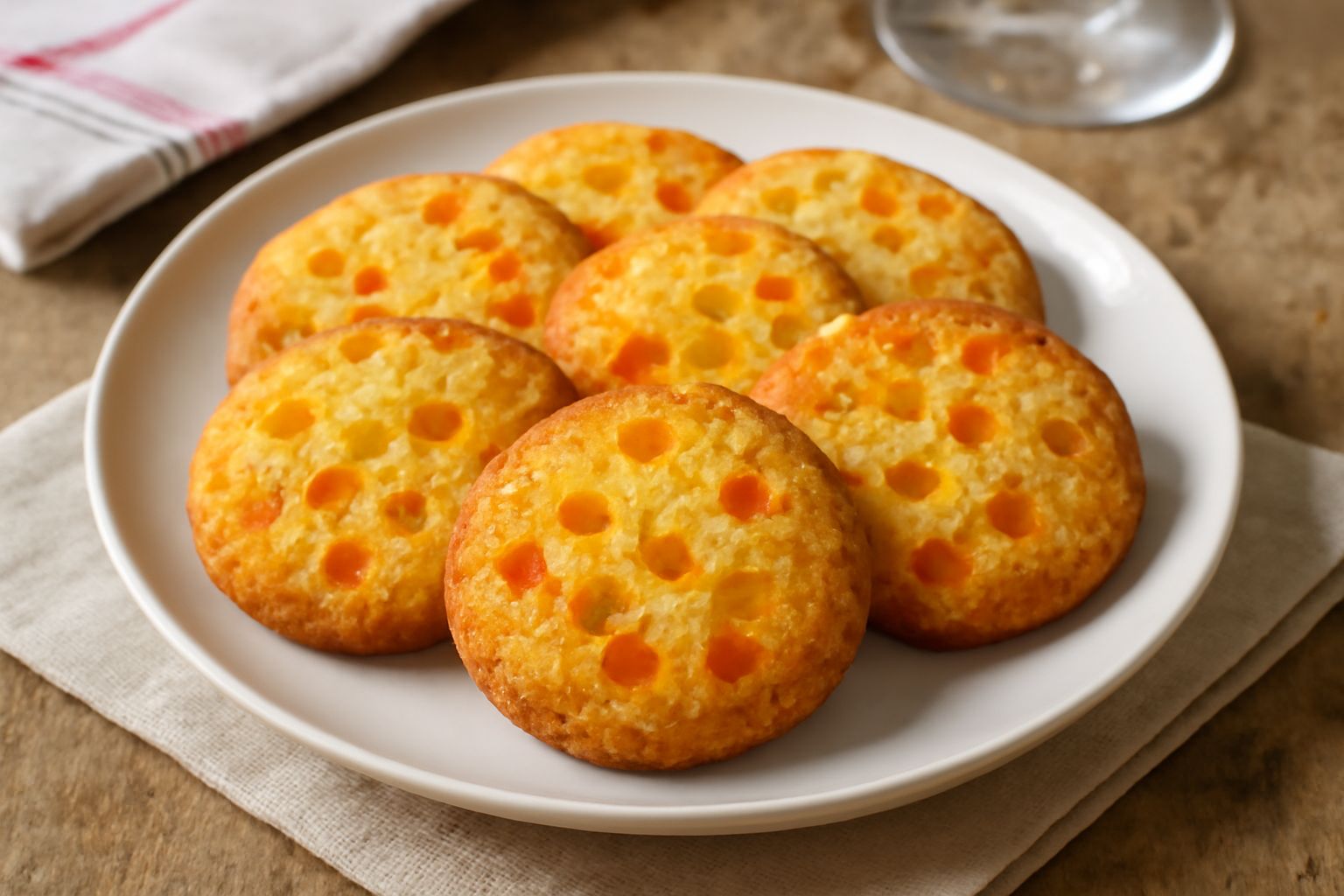 Biscotti tondi e dorati ai canditi disposti su un piatto bianco, con pezzetti visibili di frutta candita arancione e gialla, contornati da una tazza di tè bianca