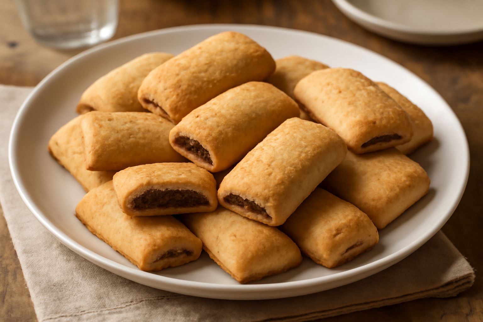 Una fila di biscotti ai fichi color beige dorato disposti su una superficie in legno, con due fichi secchi interi accanto, superficie lievemente rugosa e dorata della cottura