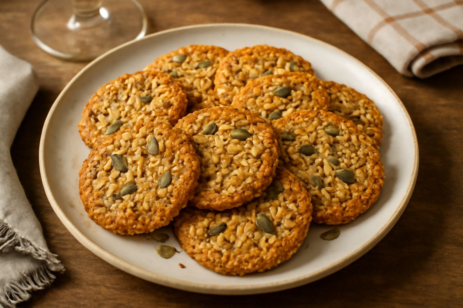 Biscotti rotondi e dorati cosparsi di semi misti di girasole, lino e zucca, disposti su un piatto di ceramica bianca con uno o due semi visibili in primo piano