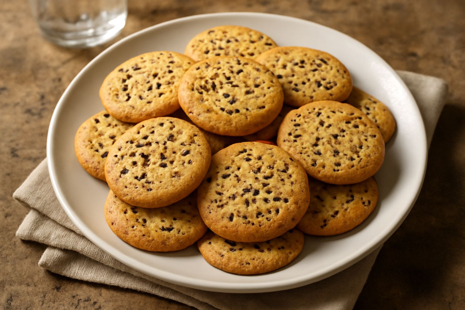 Biscotti tondi e leggermente dorati ai semi di anice disposti su un piatto bianco, con semi di anice visibili in superficie, sfondo chiaro da cucina