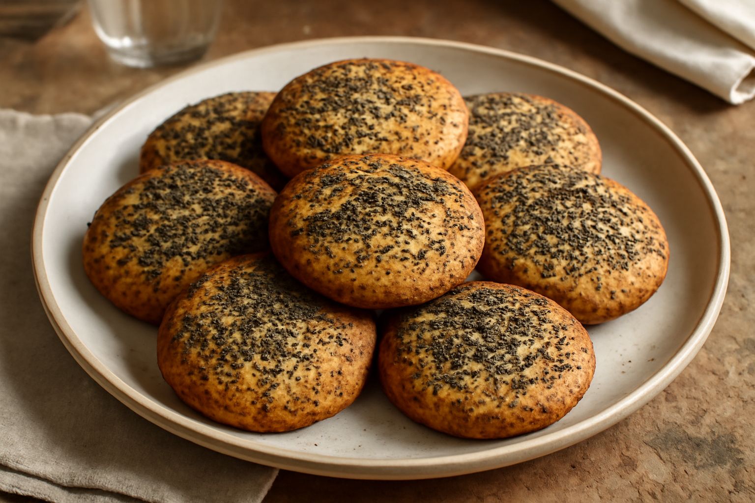 Biscotti tondi e dorati con semi di papavero neri cosparsi sulla superficie, disposti su un piatto bianco con una tazza di caffè sfuocato sullo sfondo