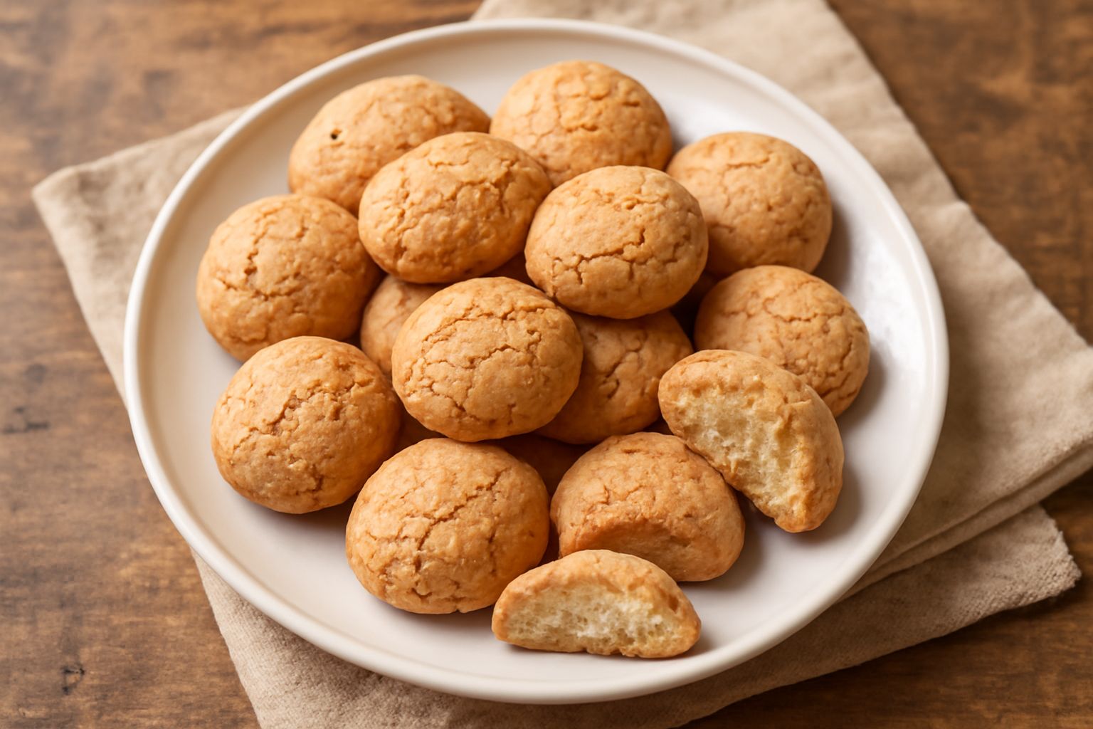 Biscotti al amaretto di forma ovale e dorata disposti in fila su un piatto bianco, superficie ruvida e screpolata, profumo visibile dall'alone caldo intorno