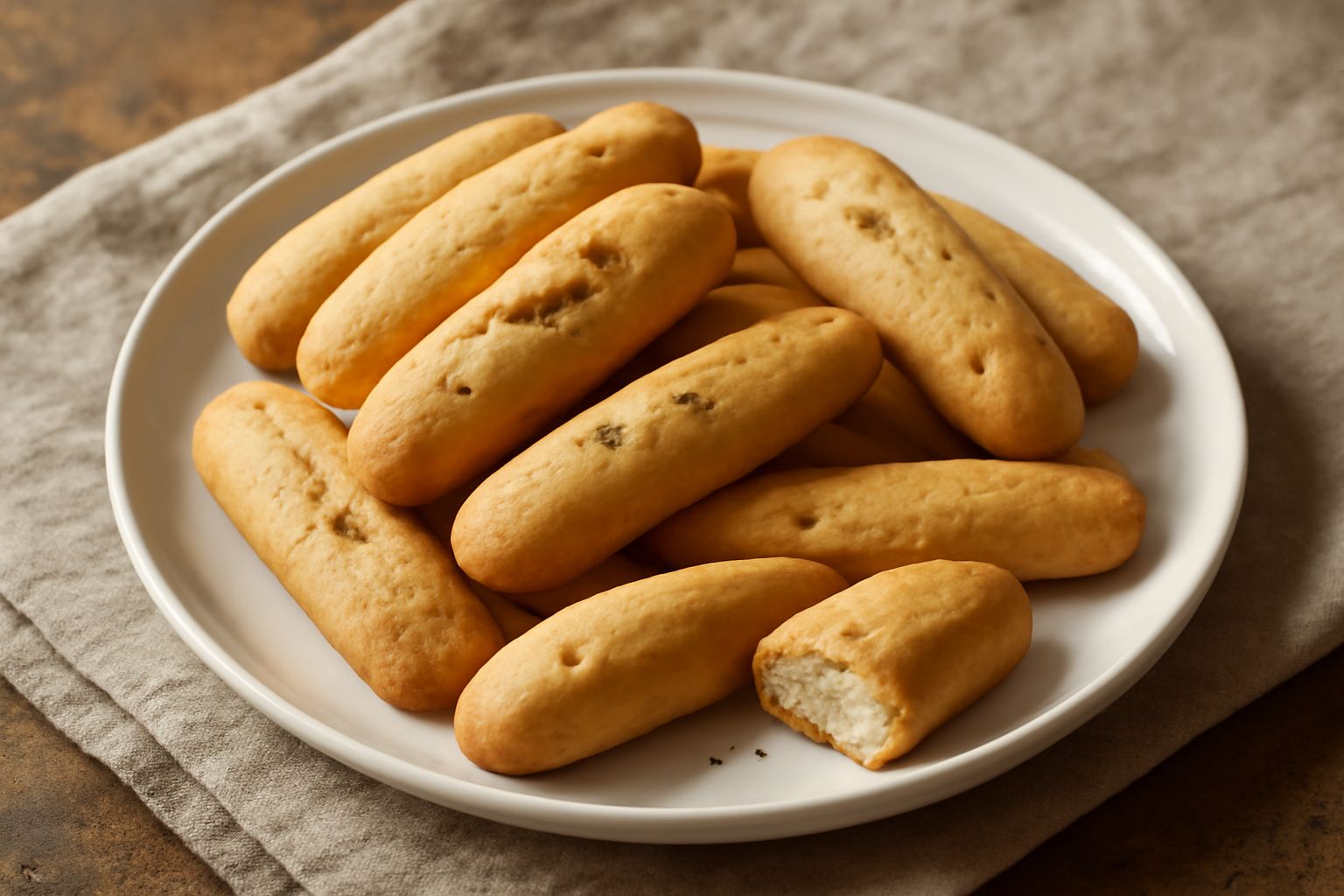 Biscotti all'anice color biondo dorato disposti in fila su una superficie bianca, con semi di anice visibili sulla superficie, forma allungata e leggermente ricurva