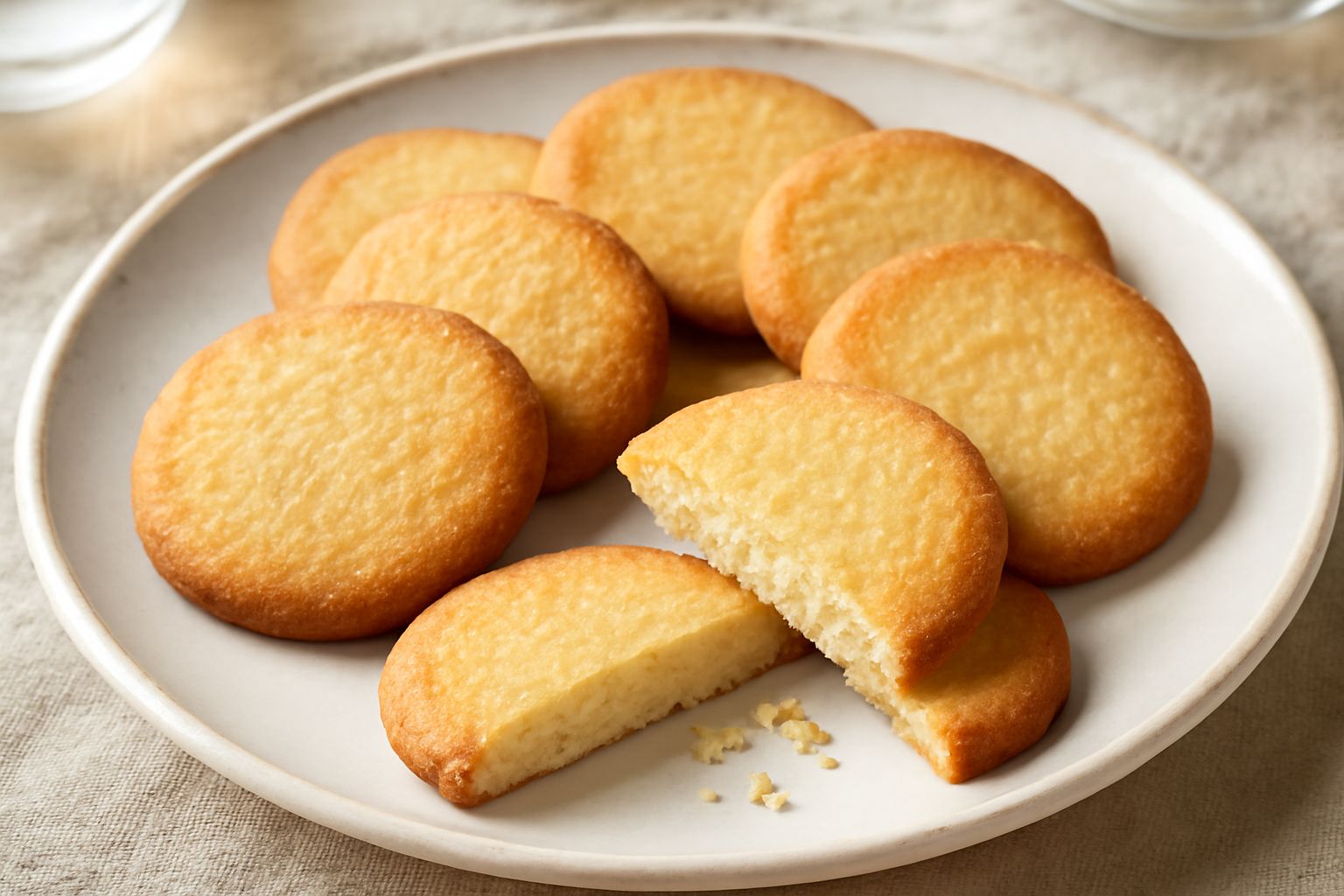 Biscotti tondi e dorati disposti su una carta da forno, con una sfumatura di marrone chiaro sui bordi, due biscotti infranti mostra la struttura interna compatta e friabile, accanto mezza fetta di ber
