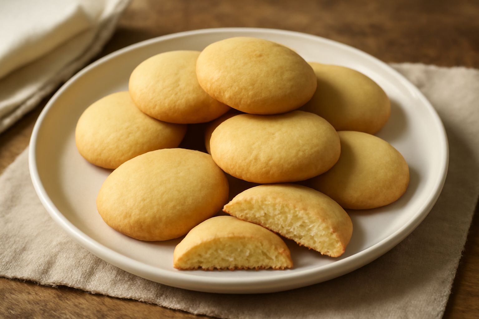 Biscotti tondi al burro dorati disposti su una carta bianca, con superficie liscia e croccante, impilati leggermente sfalsati, luce naturale diffusa