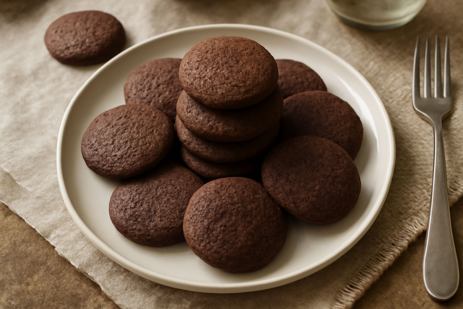 Biscotti rotondi al cacao color marrone scuro impilati su un piatto bianco, con superficie uniforme e leggermente screpolata, disposti su un tavolo di legno chiaro accanto a una tazza di caffè