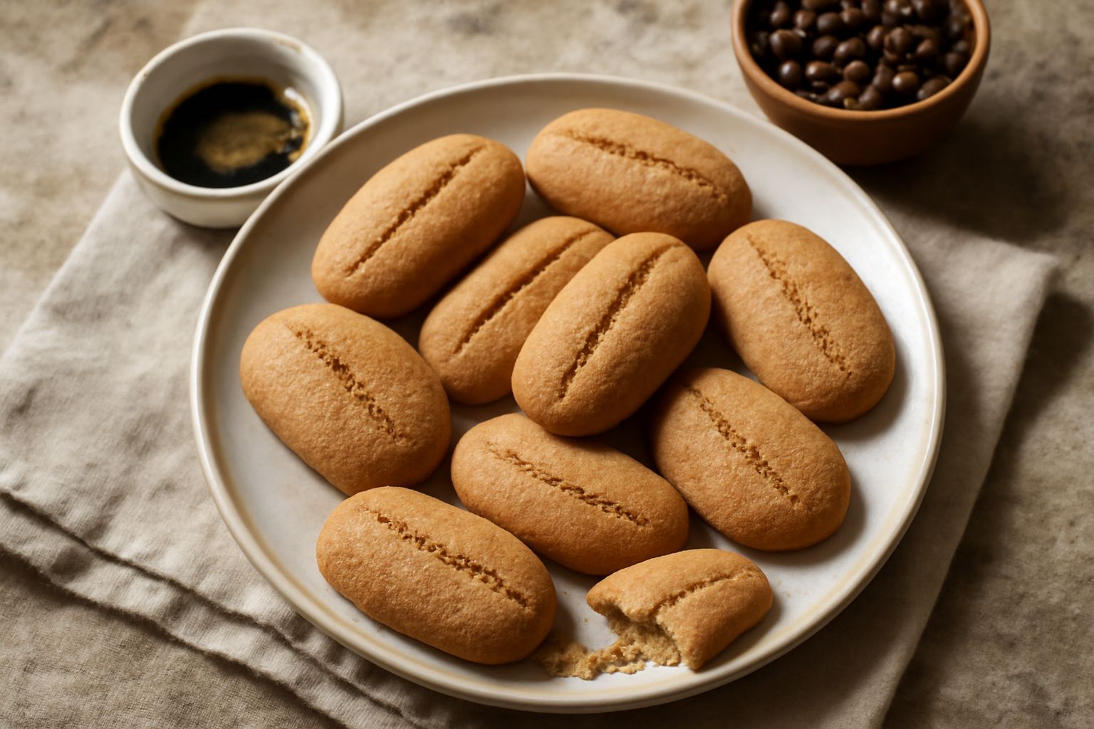 Biscotti al caffè color nocciola disposti su un piatto bianco, con superficie liscia e leggermente incrinata, accompagnati da una tazza di caffè nero e chicchi di caffè sparsi intorno