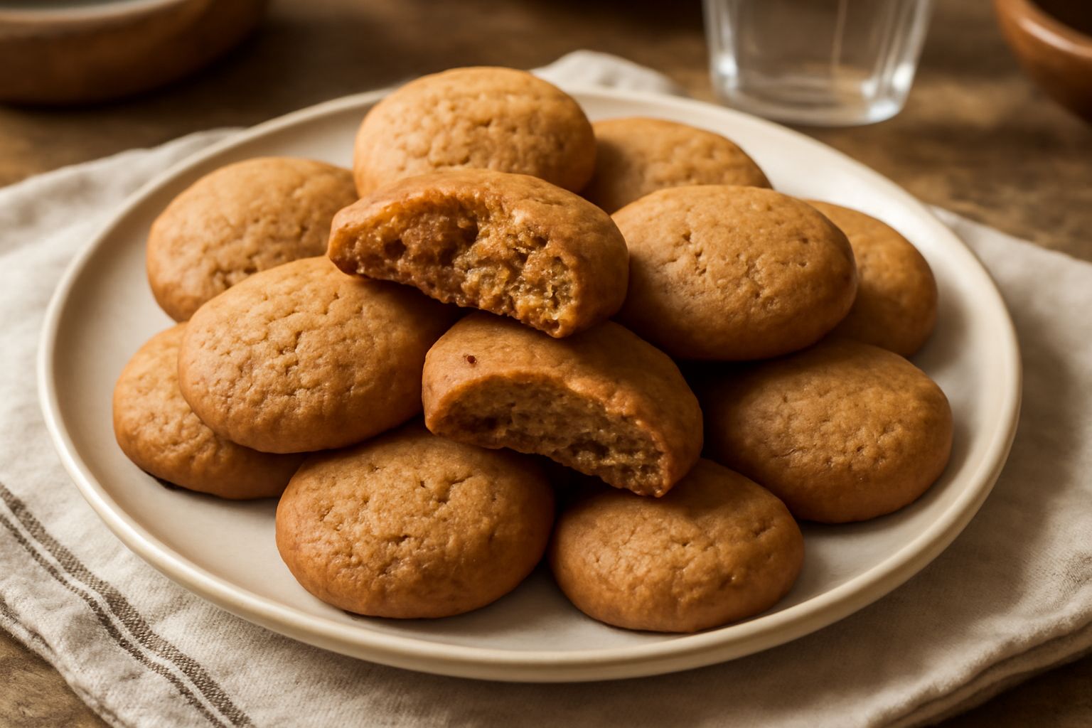 Una dozzina di biscotti tondi color nocciola disposti su un piatto bianco, rotti uno a metà per mostrare l'interno compatto e dorato, accanto una tazza di tè caldo