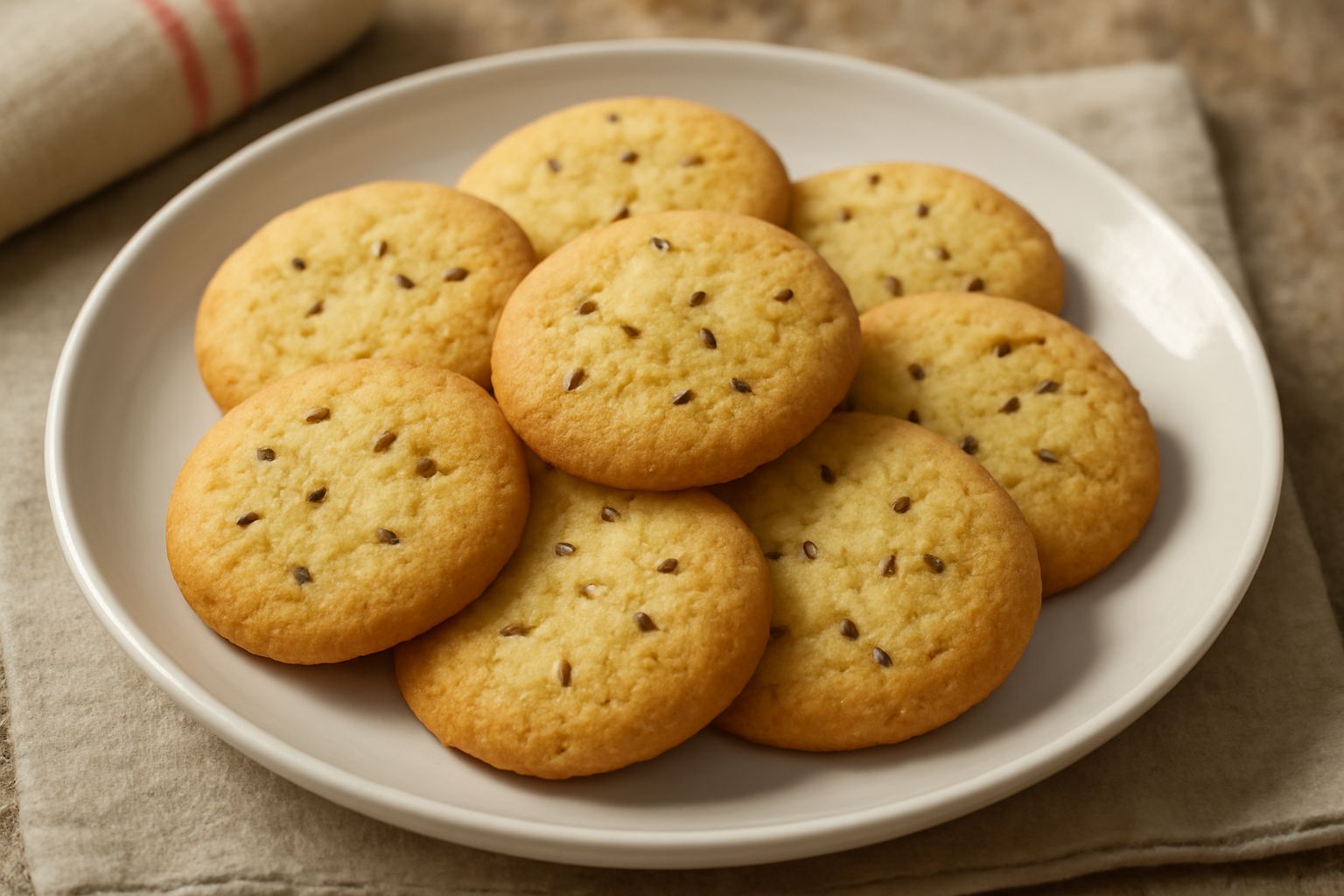 Biscotti tondi e dorati disposti su un piatto bianco di ceramica, con superficie irregolare e bucherellata, profumati di semi di finocchio verde visibili sulla crosta