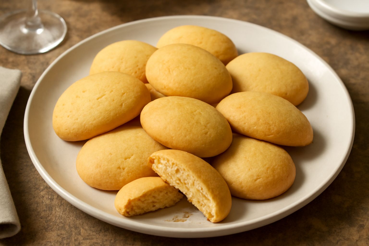Biscotti tondi e dorati disposti su una teglia di carta forno, alcuni rotti in mezzo mostrando la consistenza croccante interna, con sfumature di marrone chiaro e bordi leggermente più scuri