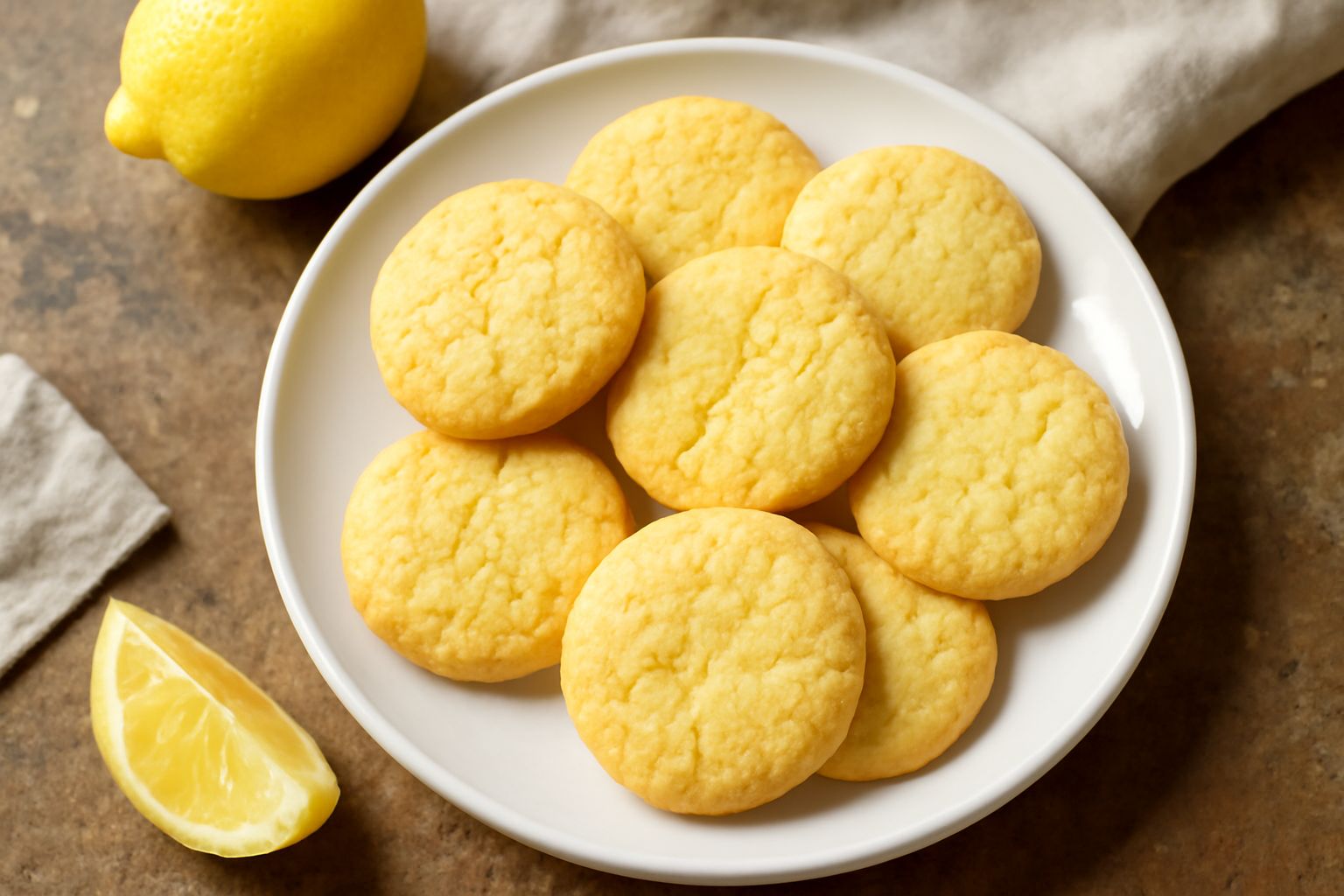 Biscotti al limone tondi e dorati disposti su un piatto di ceramica bianca con scorza di limone giallo fresco accanto e sfondo neutro