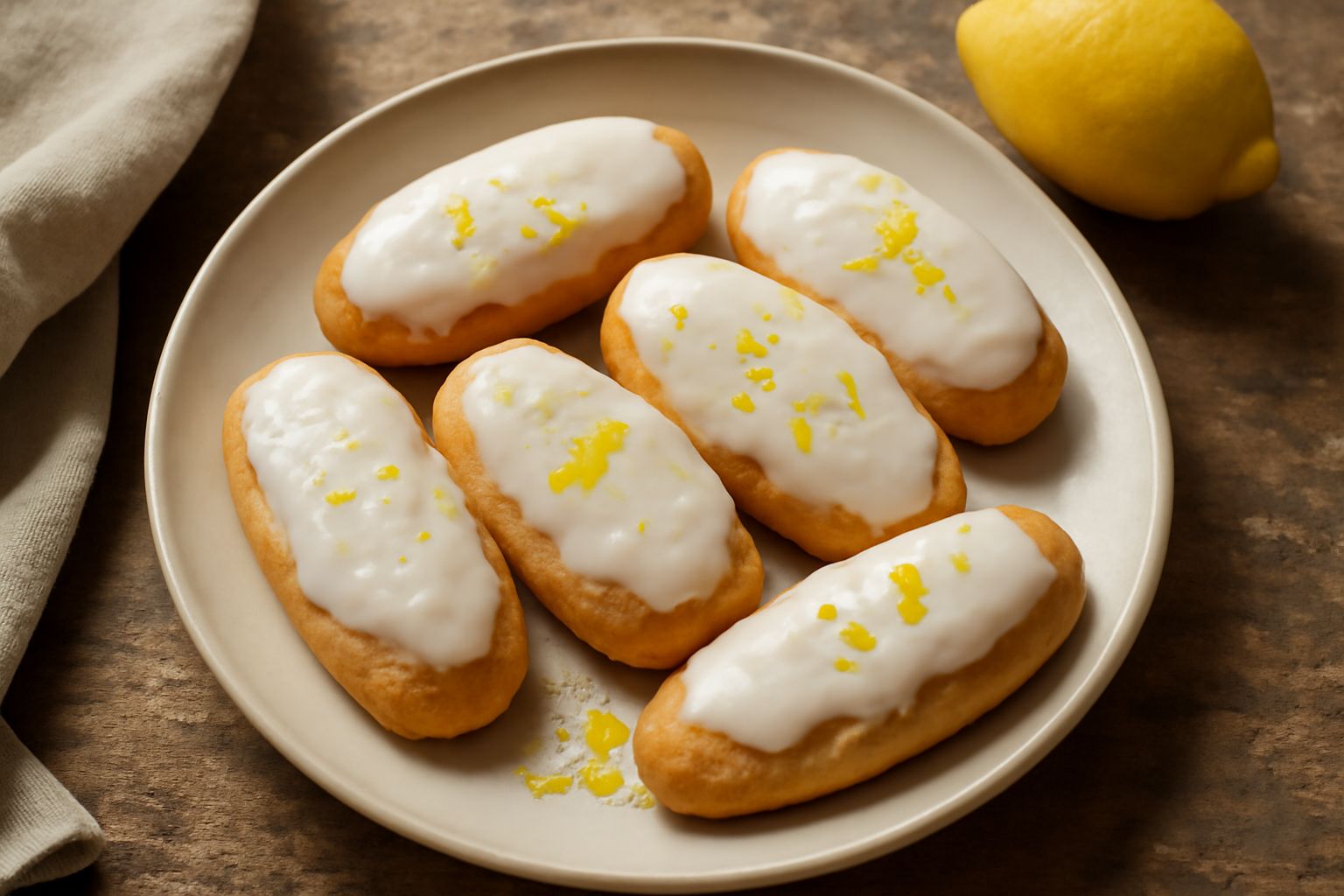Biscotti dorati disposti su piatto bianco, forma oblunga arrotondata, glassa al limone biancastra sulla superficie, profumi di buccia di limone gialla visibile, fondo in legno naturale