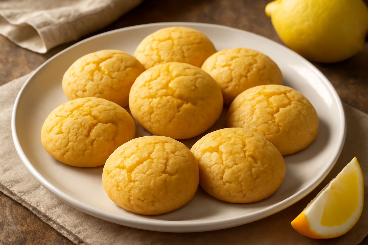 Biscotti tondi e dorati su un piatto bianco con buccia di limone giallo brillante a lato, superficie croccante e porose, sfondo cucina naturale
