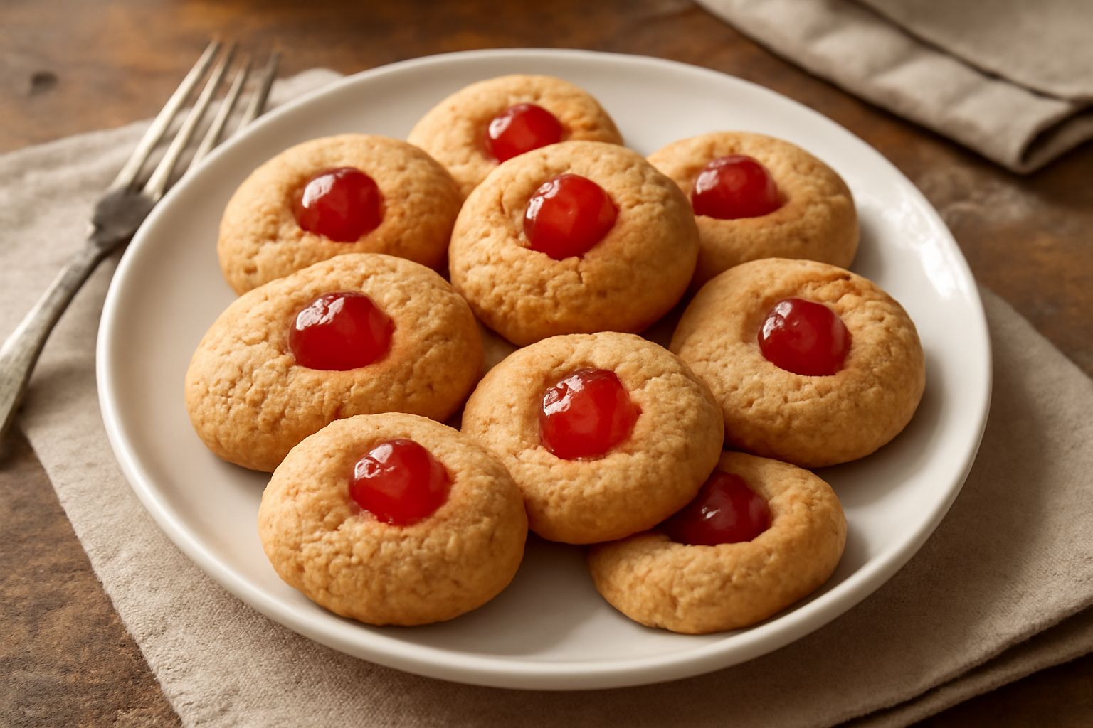 Una dozzina di biscotti al maraschino disposti su un piatto bianco con bordo azzurro, dal colore dorato, con superficie leggermente screpolata e una ciliegia candita in cima a ciascuno