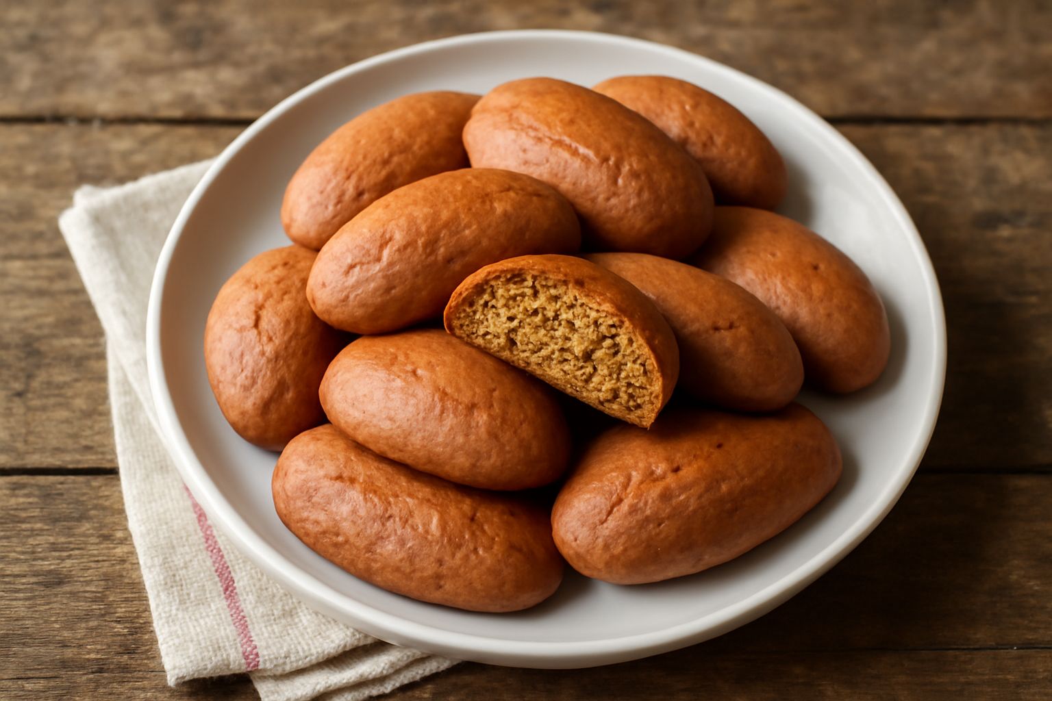 Biscotti ovali color dorato-marrone disposti su un piatto bianco, con sfumature rosate dal mosto, croccanti all'apparenza, accanto a una tazza di caffè su un tovagliolo beige