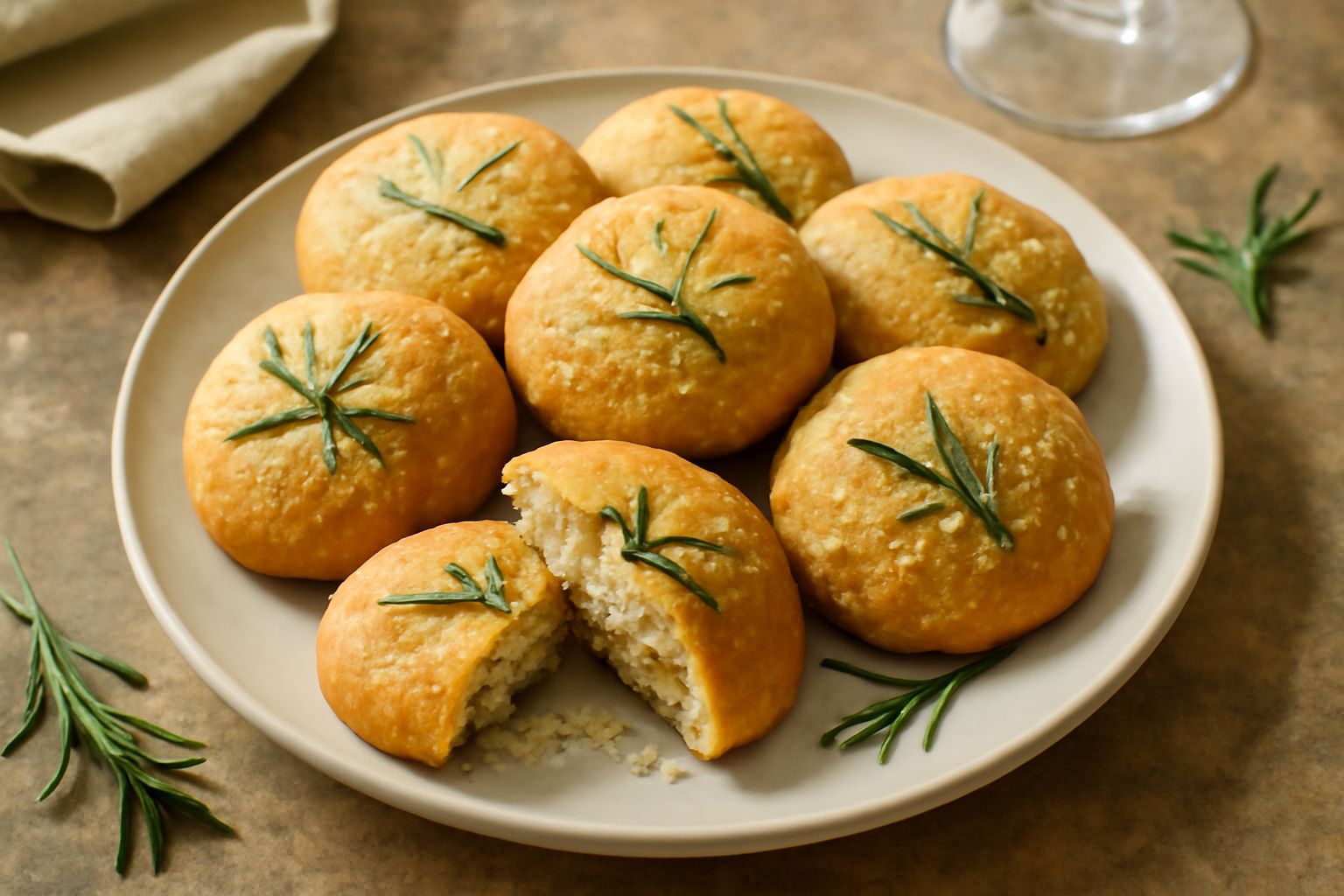 Biscotti tondi e dorati disposti a raggiera su un piatto bianco, cospargati di aghi di rosmarino verde e una leggera spolverata di sale grosso