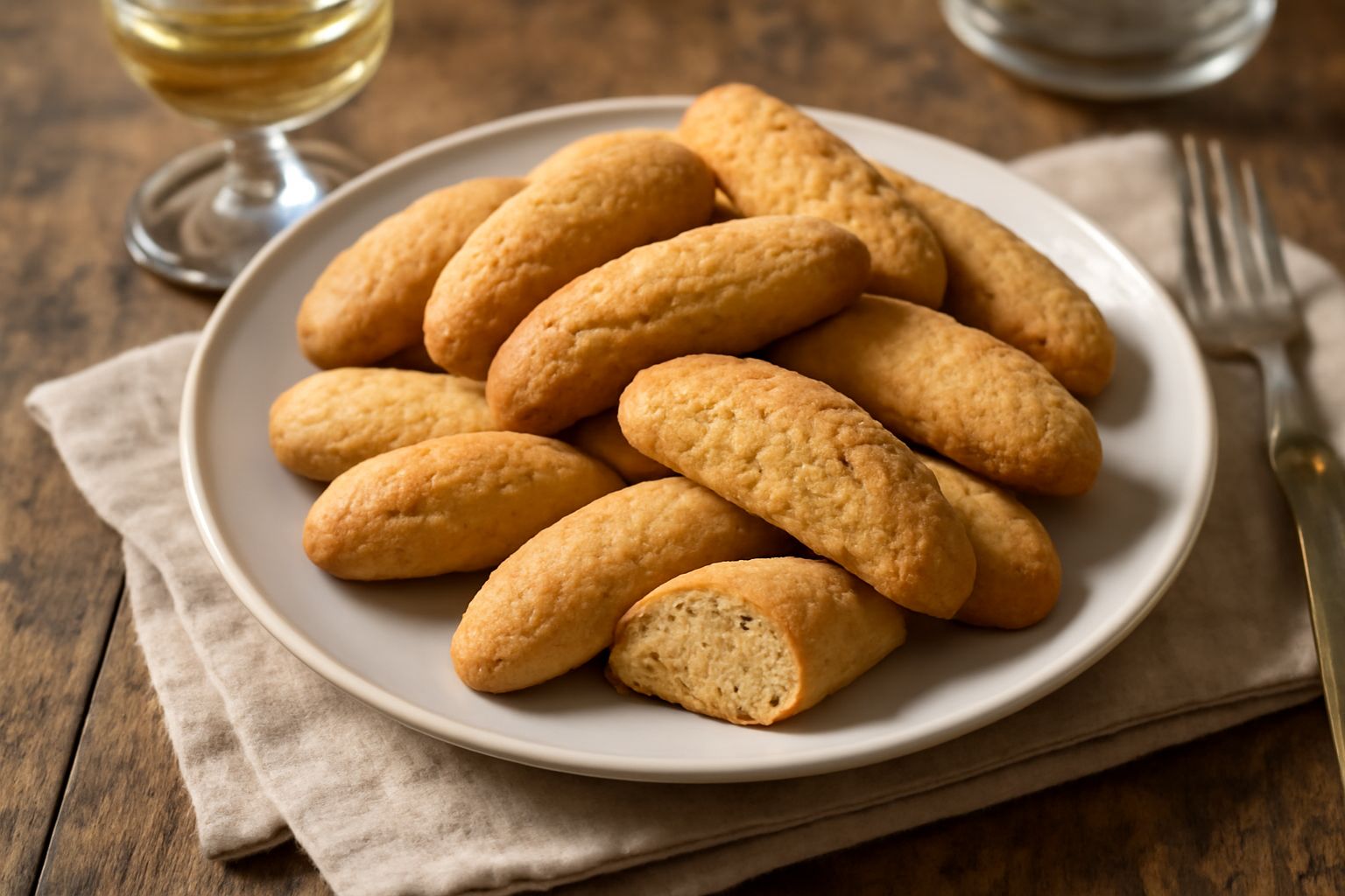 Una decina di biscotti al vino color oro-sabbia, leggermente oblunghi, disposti su un piatto di ceramica bianca con accanto un bicchiere di vino bianco e una tazza di tè