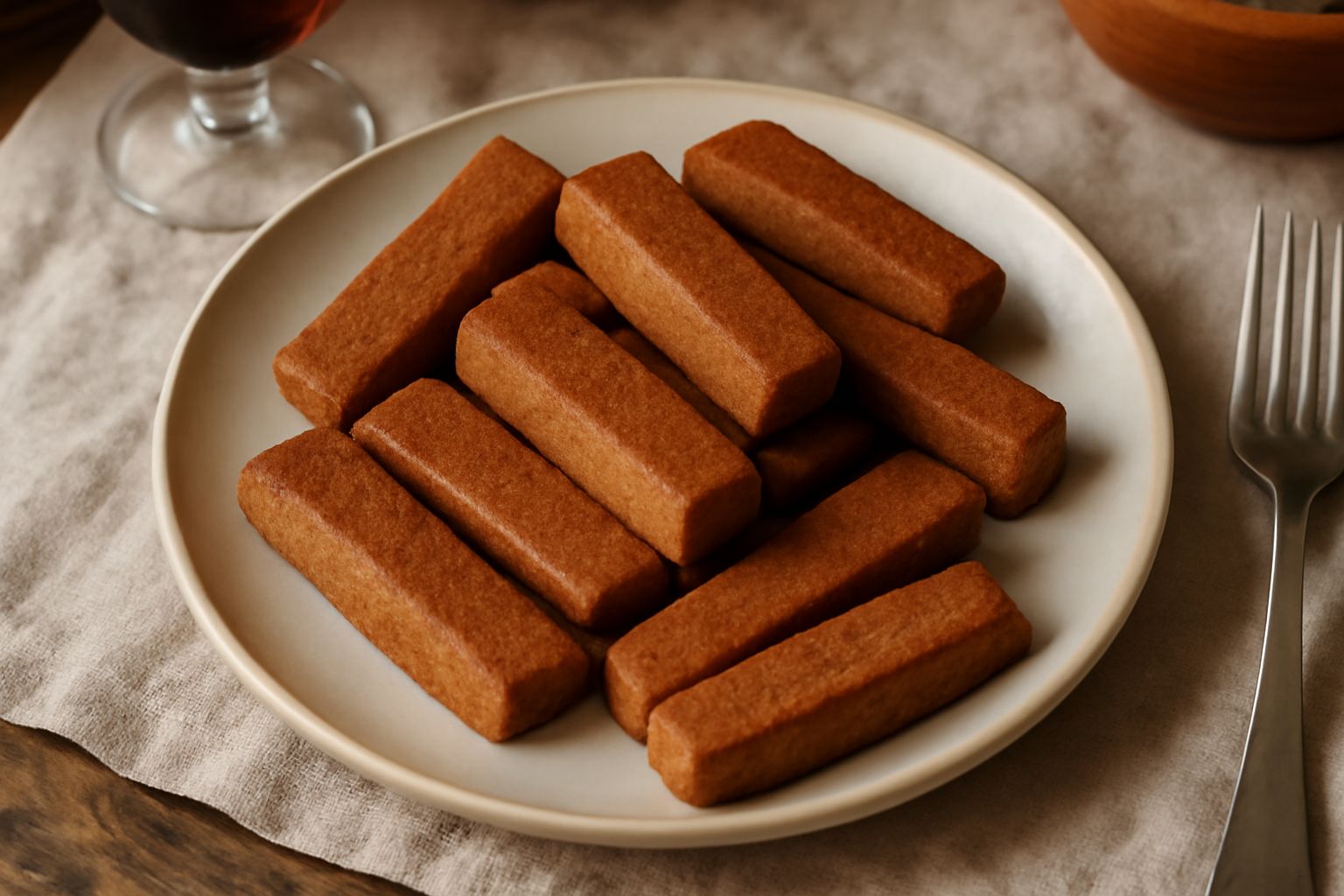 Una decina di biscotti al vino piemontesi color marrone dorato, a forma di barretta leggermente obliqua, disposti su un piatto bianco opaco con una tazza di caffè sfocata sullo sfondo