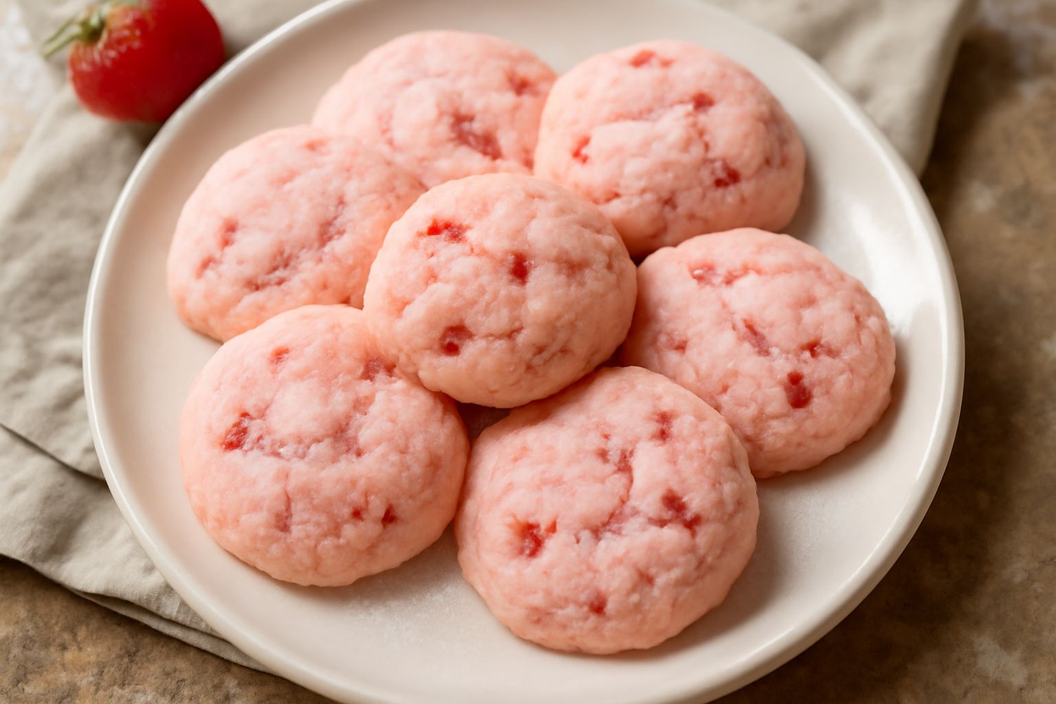 Biscotti rotondi di colore rosa pallido con frammenti rossi di fragola visibili sulla superficie, disposti su un piatto bianco. Texture morbida e leggermente friabile, ricoperti di zucchero semolato. 