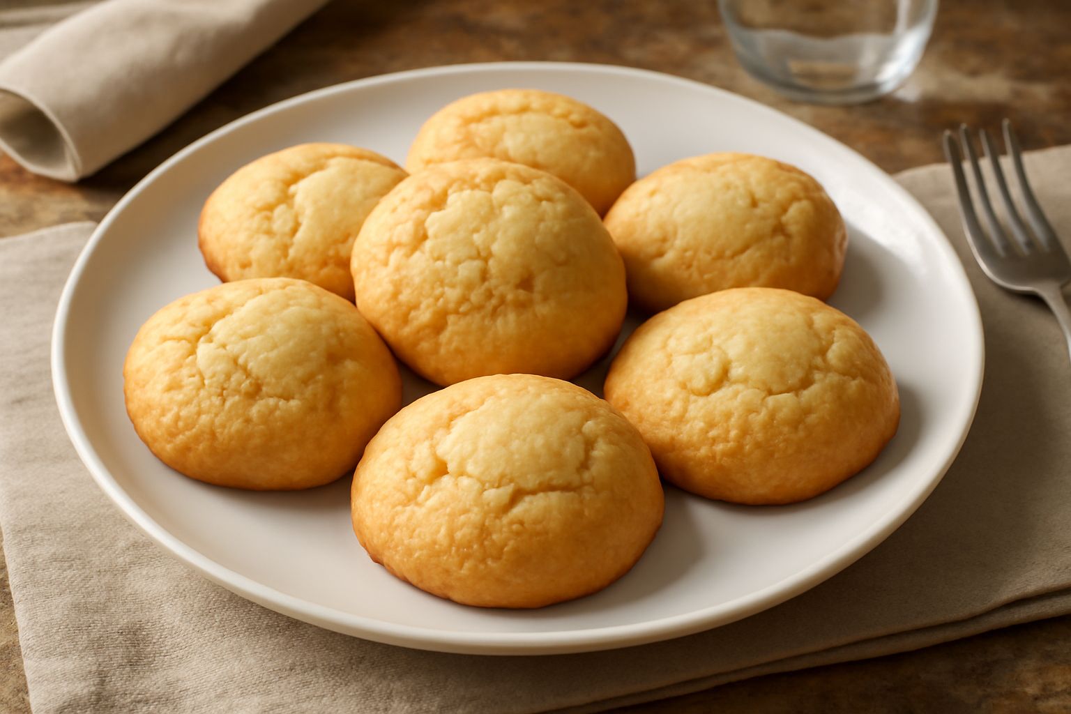 Biscotti alla panna tondi e dorati disposti su un piatto bianco, con superficie leggermente screpolata, accanto a una tazza di caffè nero fumante e un panno di lino grigio