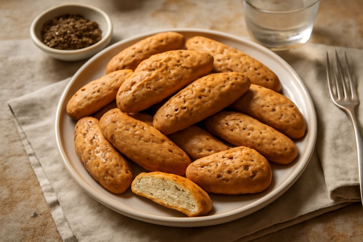 Biscotti all'anice dorati e croccanti disposti su una ceramica bianca, alcuni interi e altri leggermente spezzati, con semi di anice visibili sulla superficie, sfondo di legno chiaro