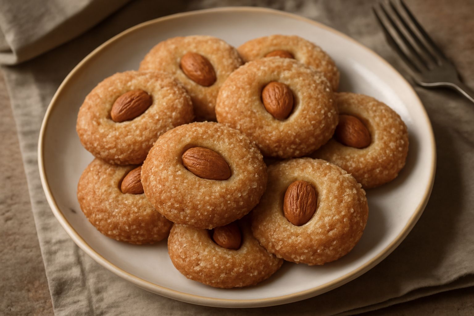 Biscotti alle mandorle dorati e croccanti disposti su un piatto bianco, alcuni spezzati a metà per mostrare la mandorla intera al centro, con briciole di mandorla sparse intorno