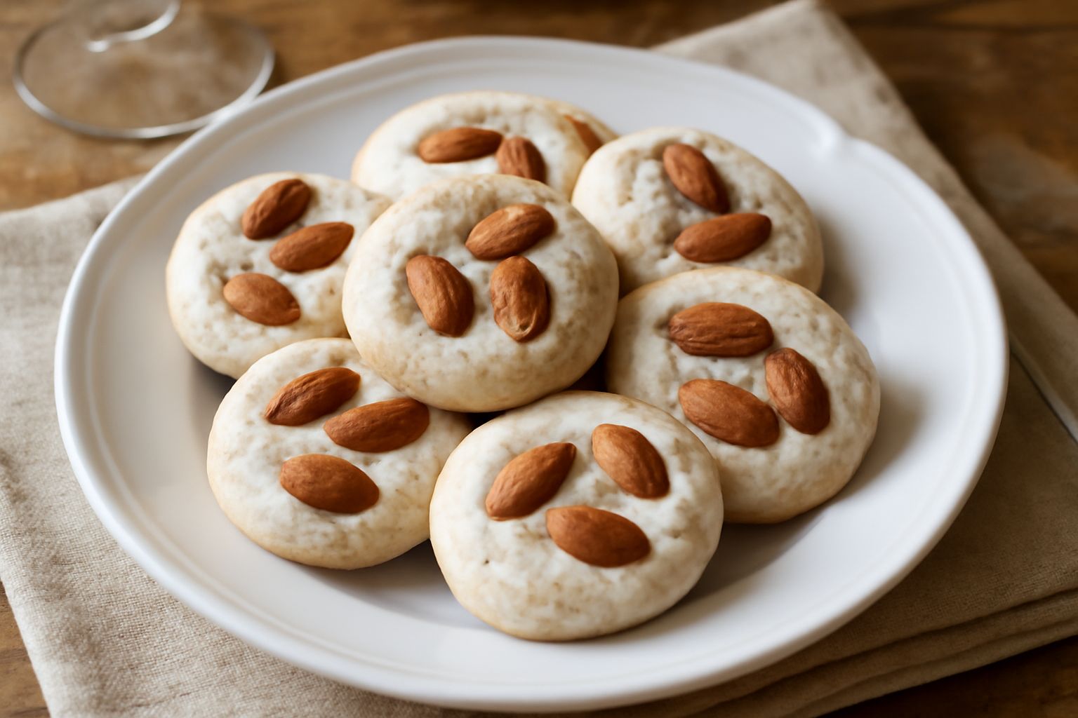 Biscotti alle mandorle tondi e perlati su piatto di ceramica bianca, con mandorle intere visibili sulla superficie, accanto a una tazza di caffè nero