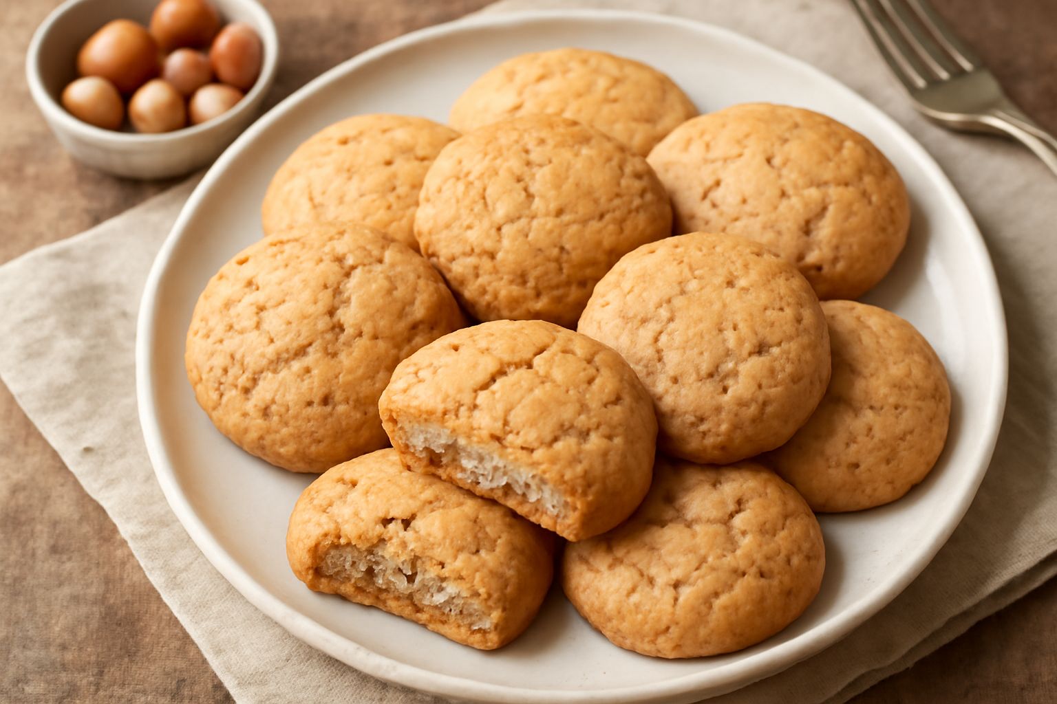 Biscotti alle nocciole disposti su un piatto di ceramica bianca, dorati e croccanti, con piccoli frammenti di nocciola visibili sulla superficie, accompagnati da una tazza di tè