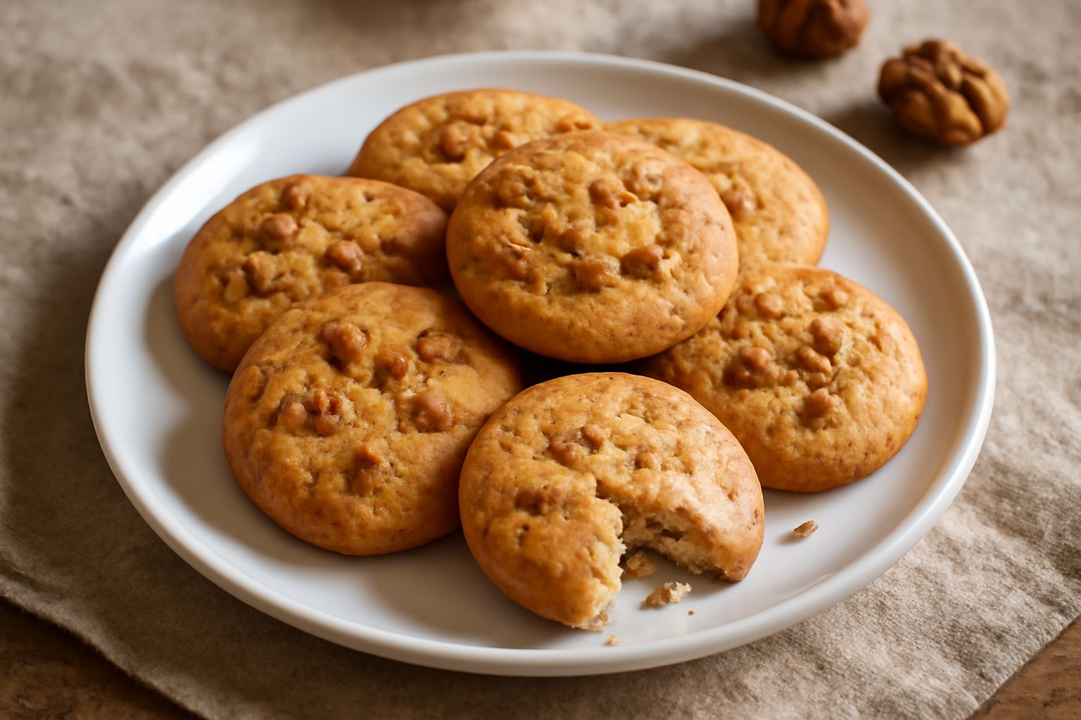 Biscotti tondi e dorati con noci visibili sulla superficie, disposti su una carta da forno in una teglia, alcuni ancora caldi.