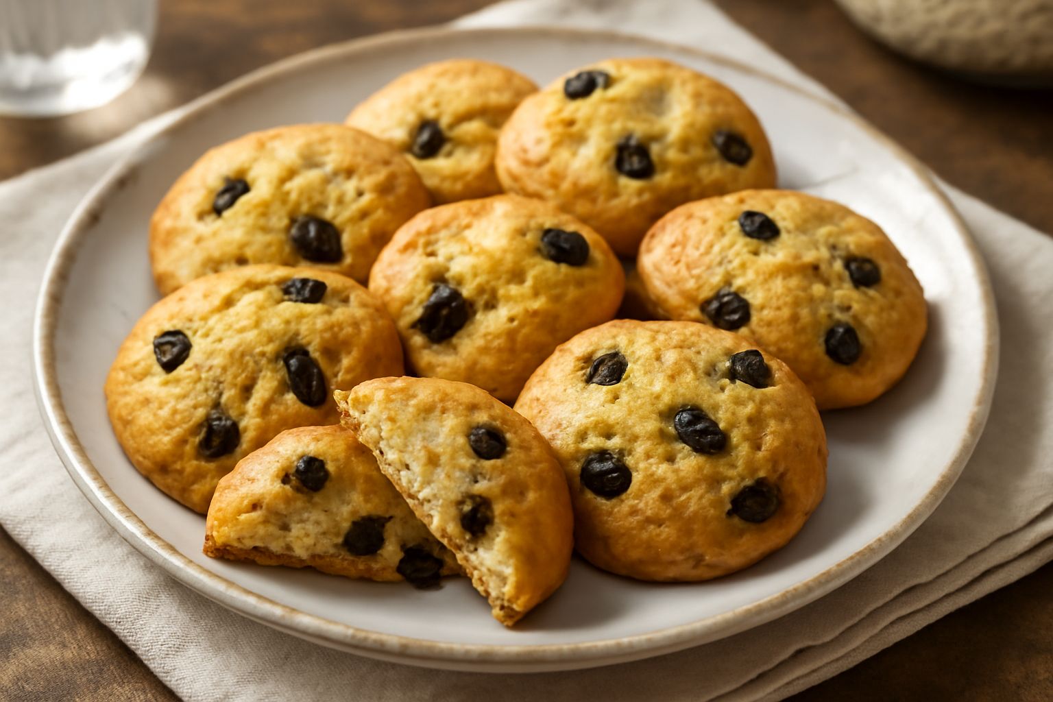 Biscotti tondi e dorati alle uvette disposti su un piatto bianco, con uvette nere visibili sulla superficie, colore marrone oro, briciole intorno e una tazza di caffè sfocata sullo sfondo