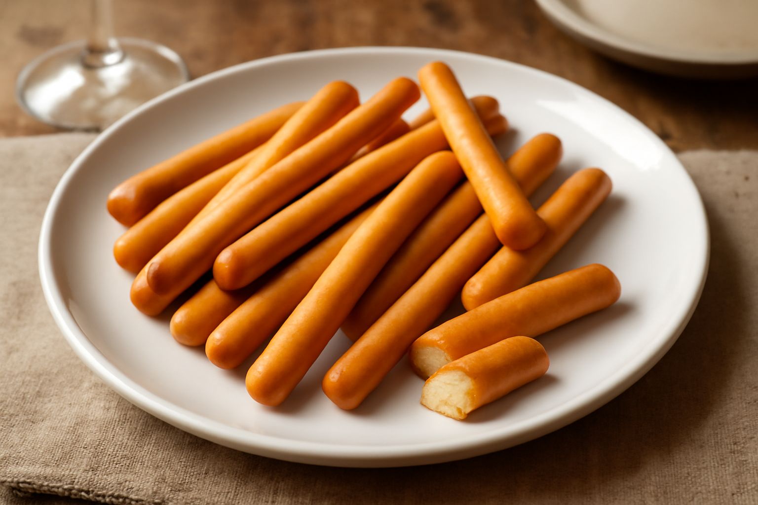 Biscotti amalfitani color oro disposti su un piatto bianco, dalla forma allungata e leggermente ricurva, con superficie liscia e brillante, contorno di tovaglia di lino naturale