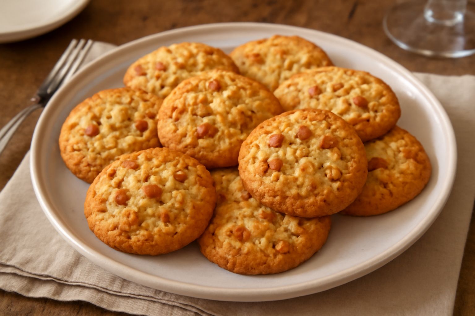 Biscotti avellani dorati disposti su un piatto bianco, pieni di pezzi di nocciola tostata visibili in superficie, ancora tiepidi con una leggera brillantezza