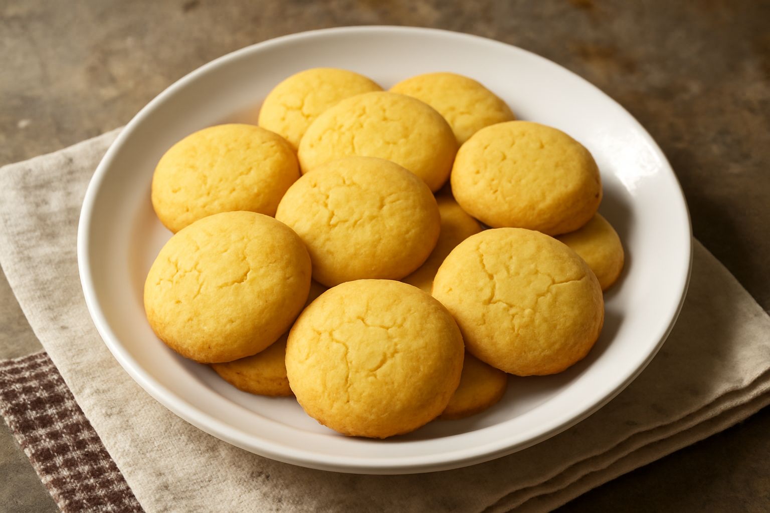 Biscotti burrini color oro dorato disposti su una superficie di legno, friabili e croccanti, con sfumature più scure ai bordi, accanto a una tazza di latte bianco
