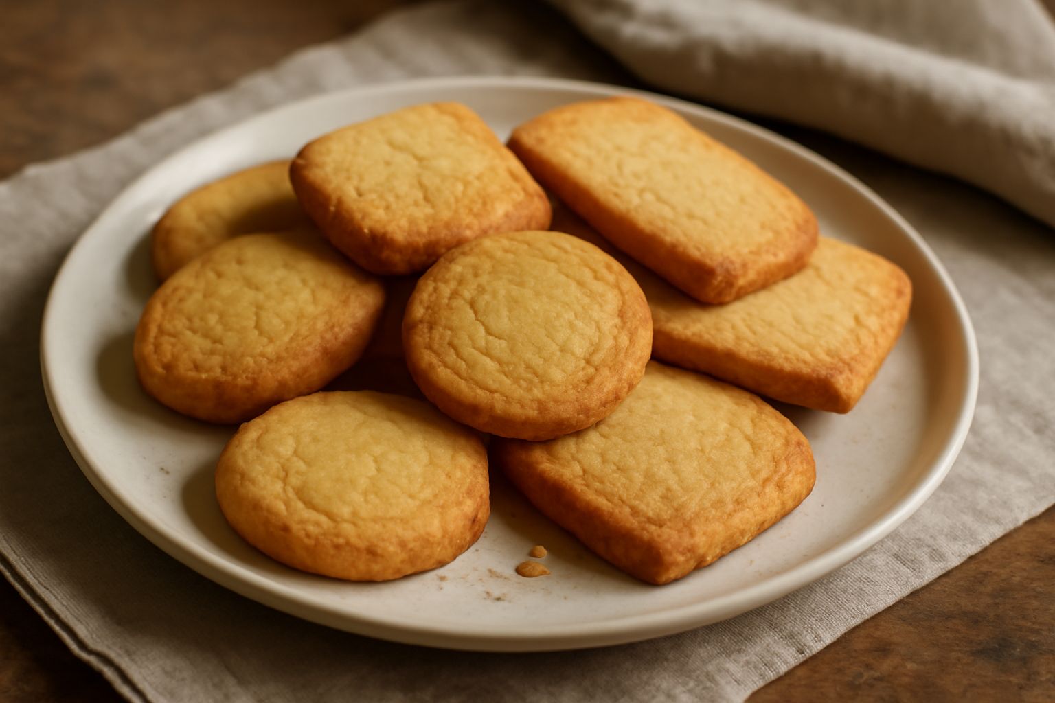 Biscotti burrosi tondi e dorati disposti su un piatto bianco, con superficie leggermente screpolata e colore nocciola uniforme, accanto a una tazza di caffè bianco