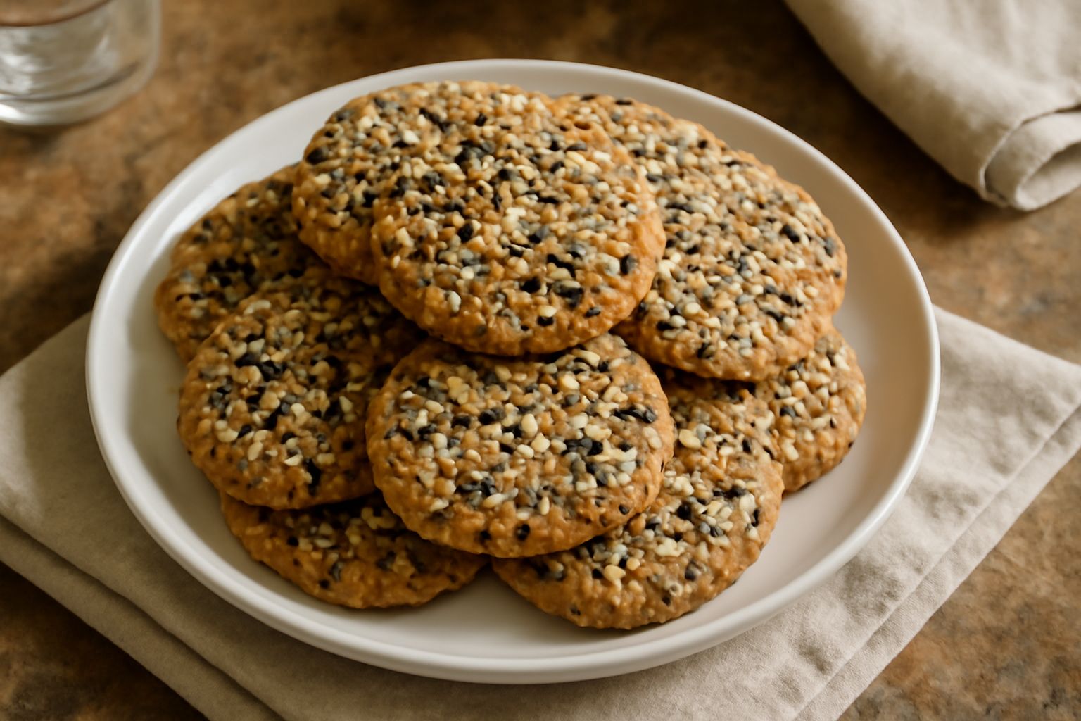 Biscotti dorati e rotondi ricoperti di sesamo bianco e nero, disposti in pila su un piatto bianco, con alcuni granelli di sesamo sparsi intorno