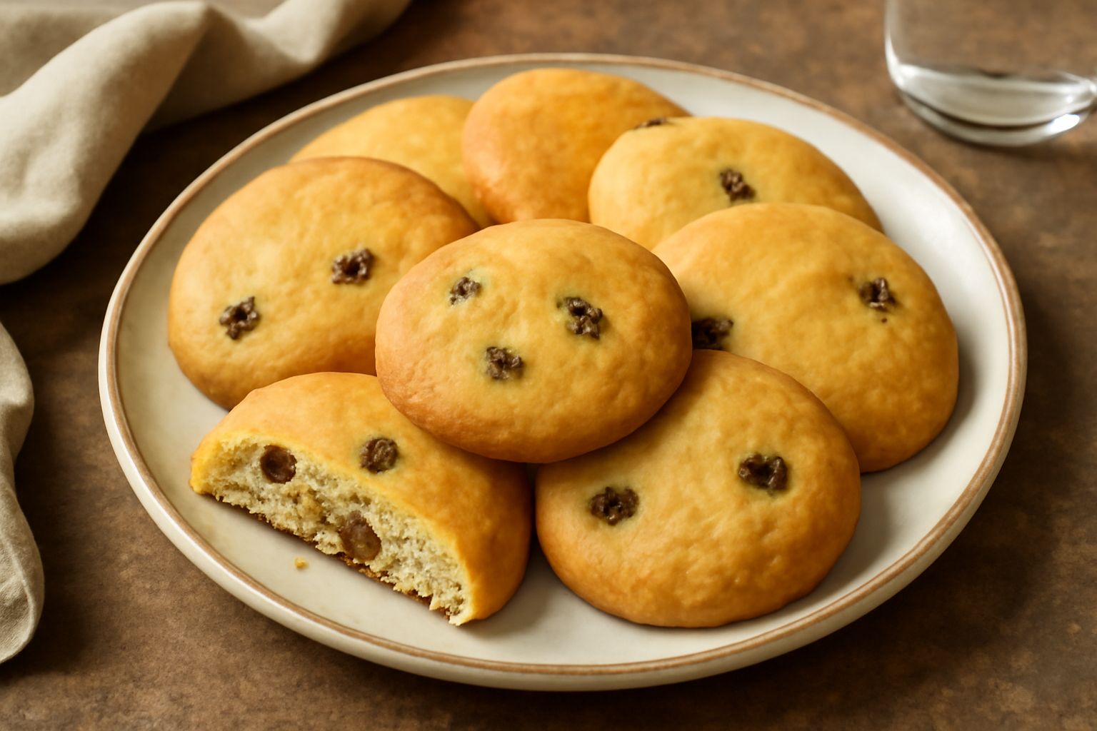 Biscotti rotondi e leggermente dorati disposti su un piatto bianco, con uvetta scura visibile sulla superficie e tra gli strati, bordo croccante ben definito