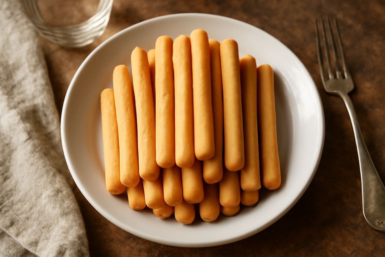 Una decina di biscotti da dito color oro chiaro, lunghi e sottili, disposti verticalmente in un bicchiere trasparente, con superficie liscia e leggermente granulosa