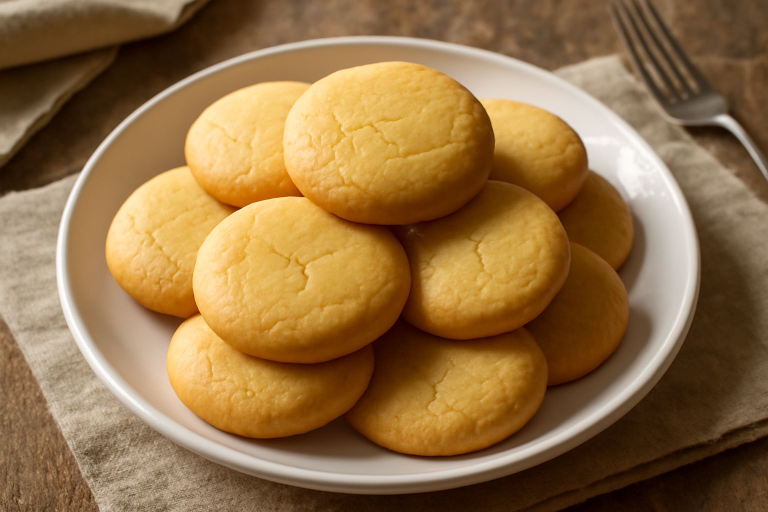 Biscotti da festa dorati e croccanti disposti su un piatto bianco, con rilievi regolari e superficie lucida, una tazza di caffè sfuocato sullo sfondo