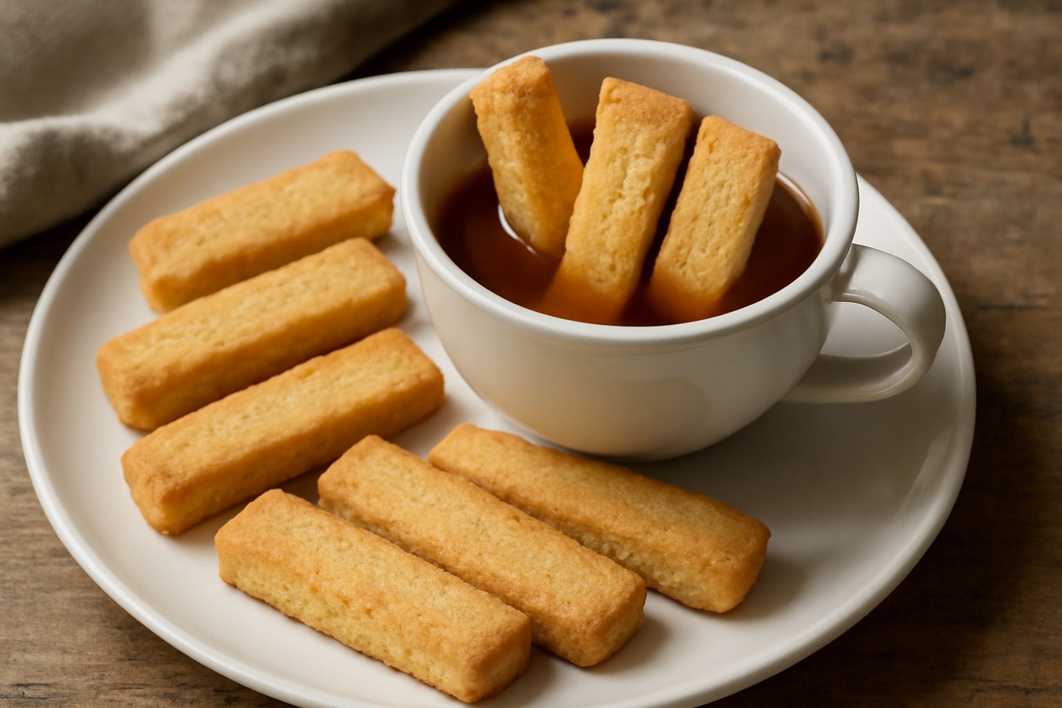 Biscotti rettangolari di colore dorato, disposti in piedi dentro una tazza bianca, accanto a una teiera di ceramica e una bustina di tè, su una tovaglia bianca di lino.