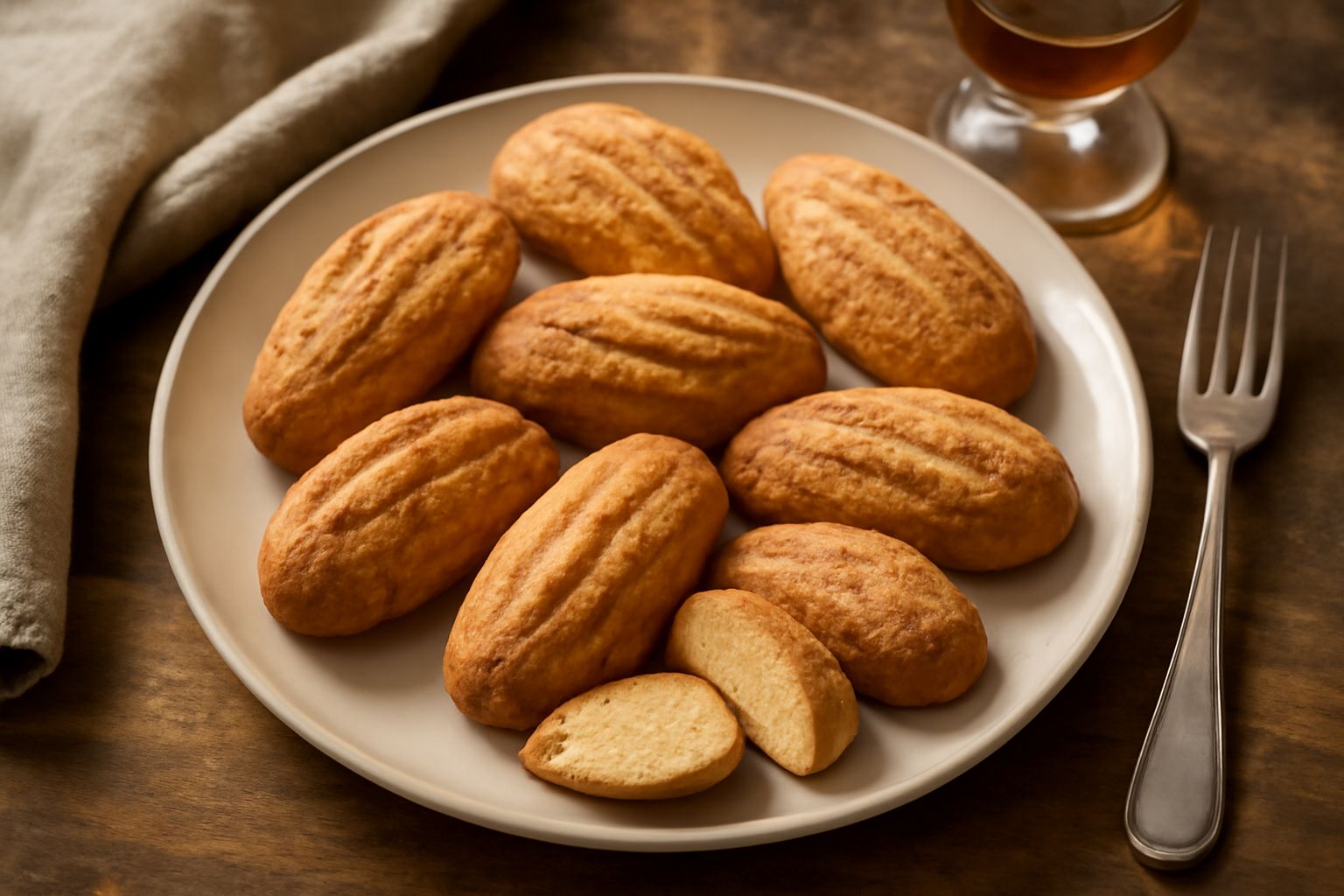 Biscotti da vin disposti su un piatto bianco, di forma ovale e leggermente ricurva, con superficie dorata e striature sottili da cottura, accanto a un calice di vino dolce