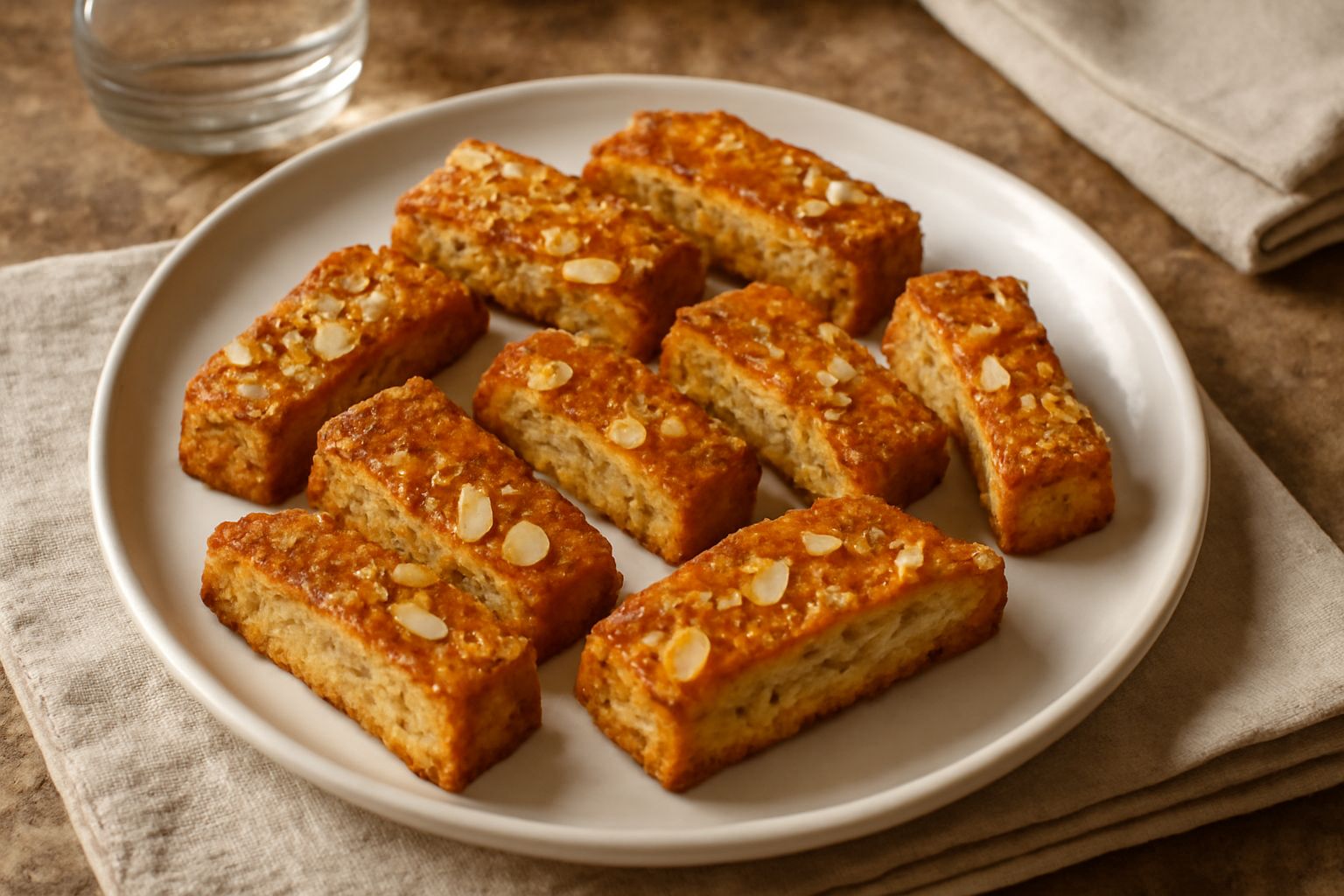 Biscotti di Alatri dorati e croccanti disposti su un piatto bianco, con superficie a fette tagliata obliqua che mostra i granelli di mandorla, accanto a una tazza di caffè